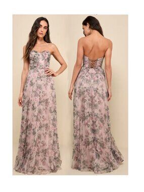 Lulus Most Beautiful Day Pink Multi Floral Print Organza Maxi Dress Small NWOT